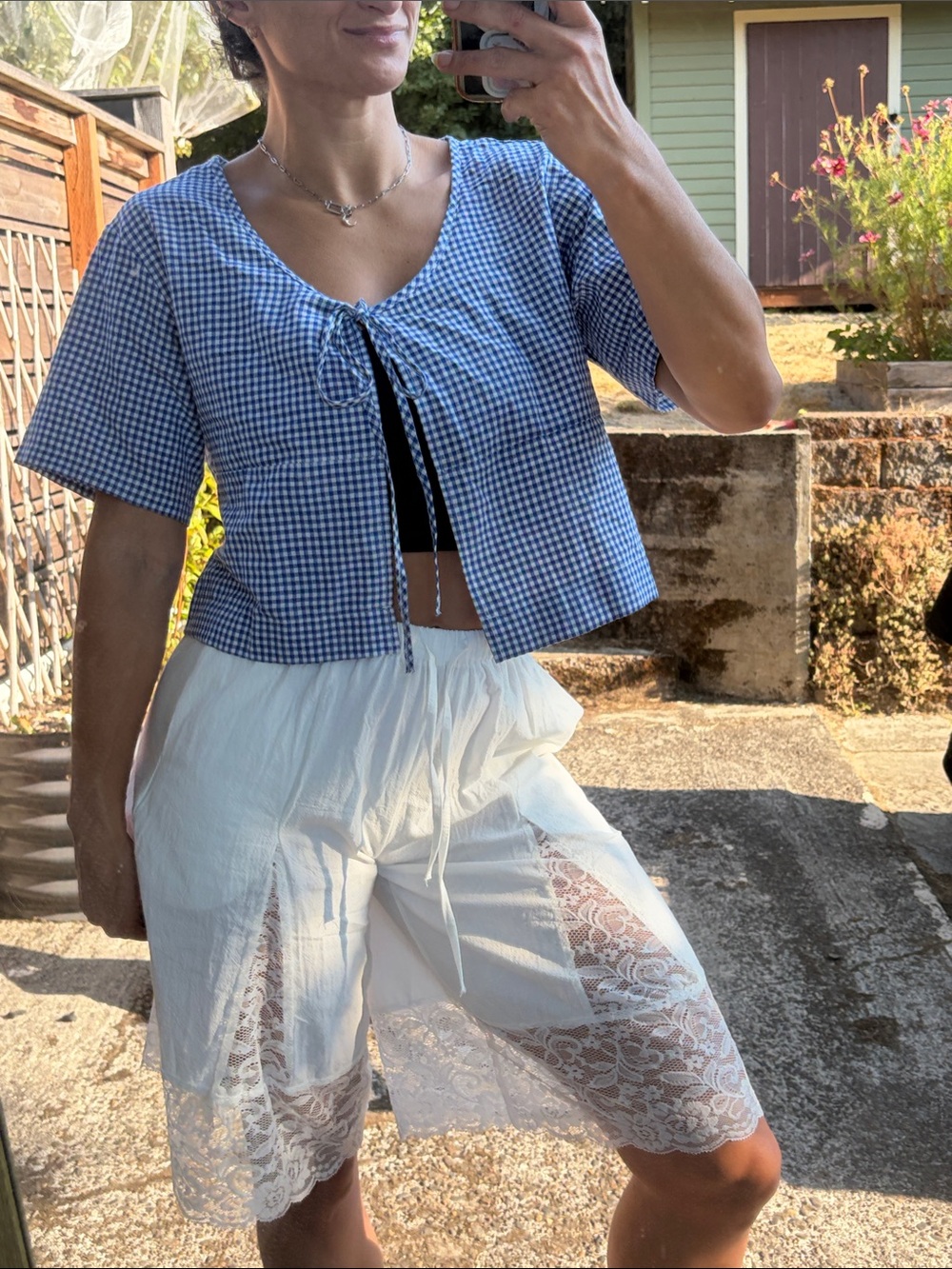 Blue Gingham Tie-Front Women’s Top